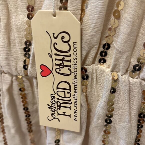 Southern Fried Chics Boutique Gold Beige Sequin Sheath Dress V-cut Small S NWT - Picture 5 of 5